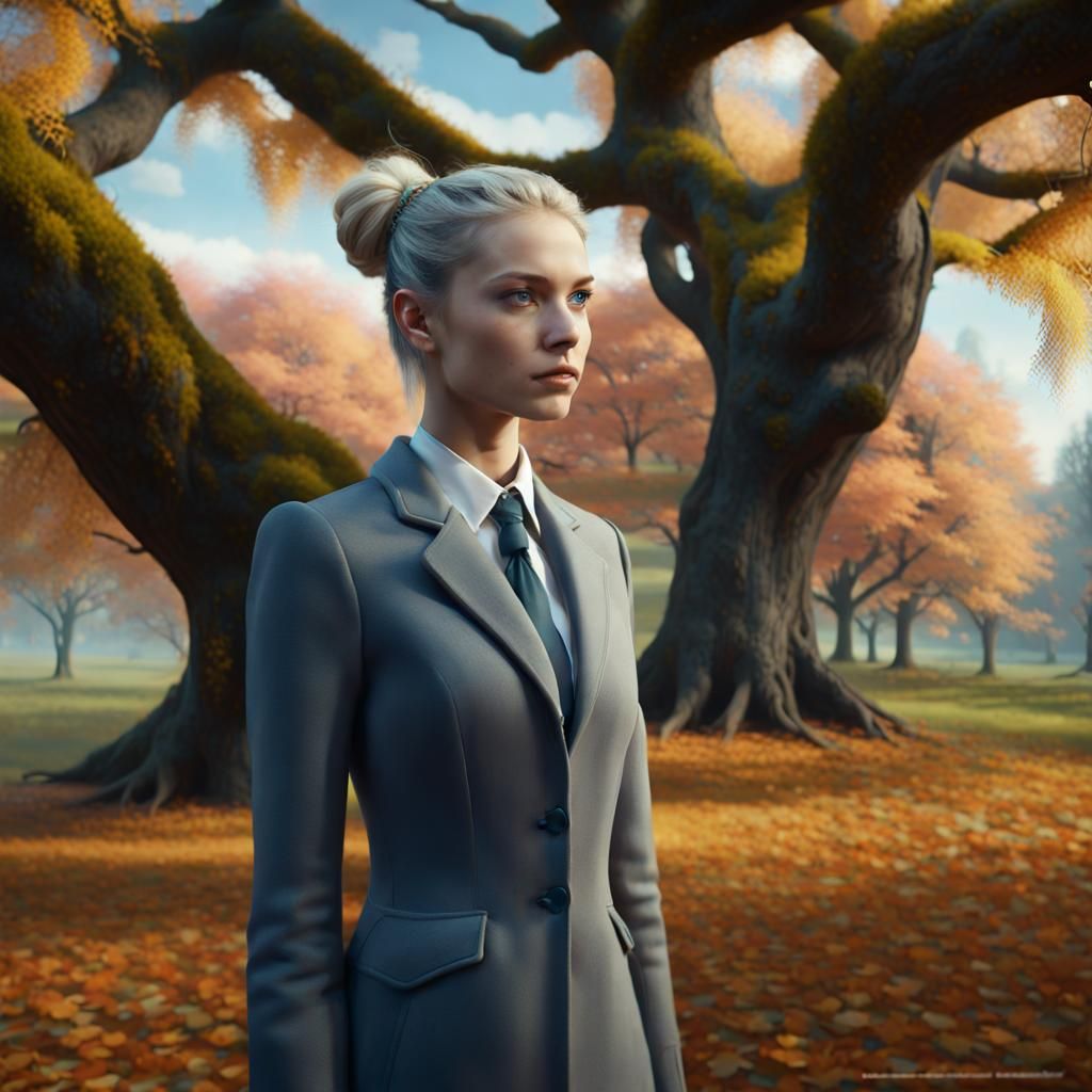 Girl in Business Suit Under Oak Tree
