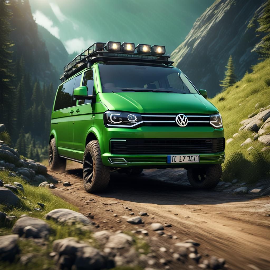 Green Volkswagen T5 on Mountain Road in 3D Style