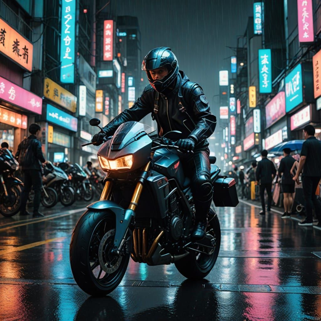 Cyberpunk Biker Races Through Futuristic Tokyo