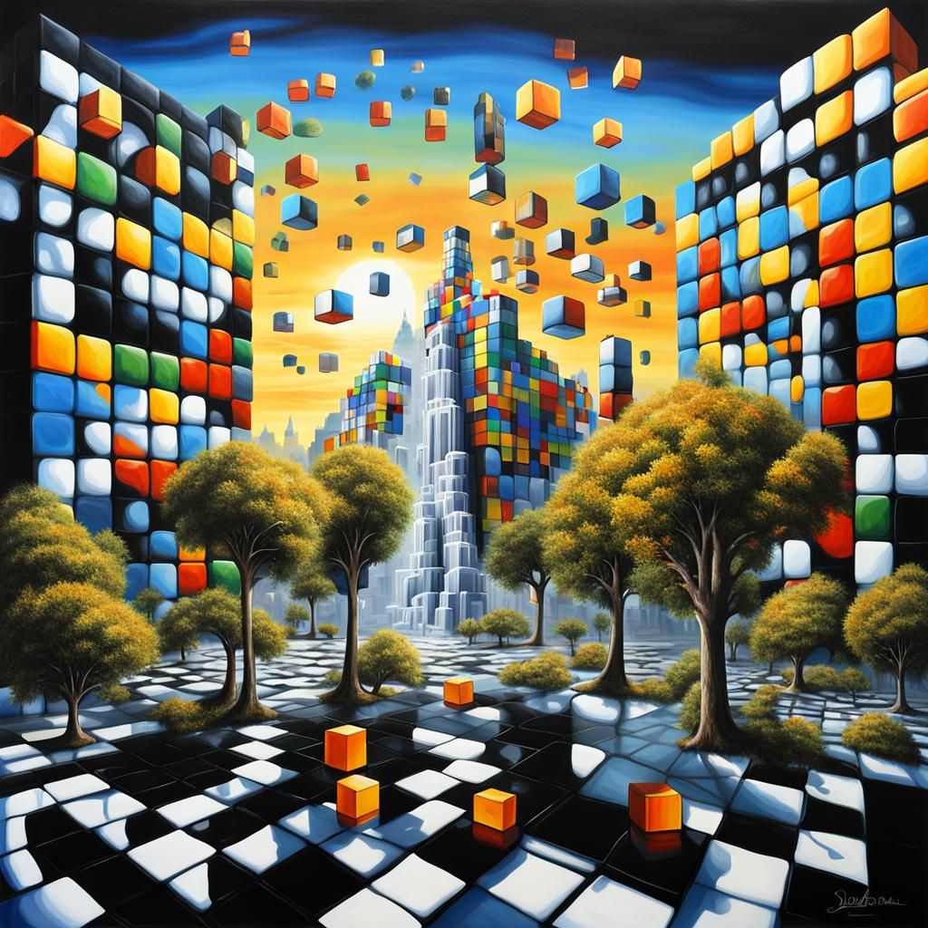 Surreal Rubik's Cube Cityscape in Matte Painting Style
