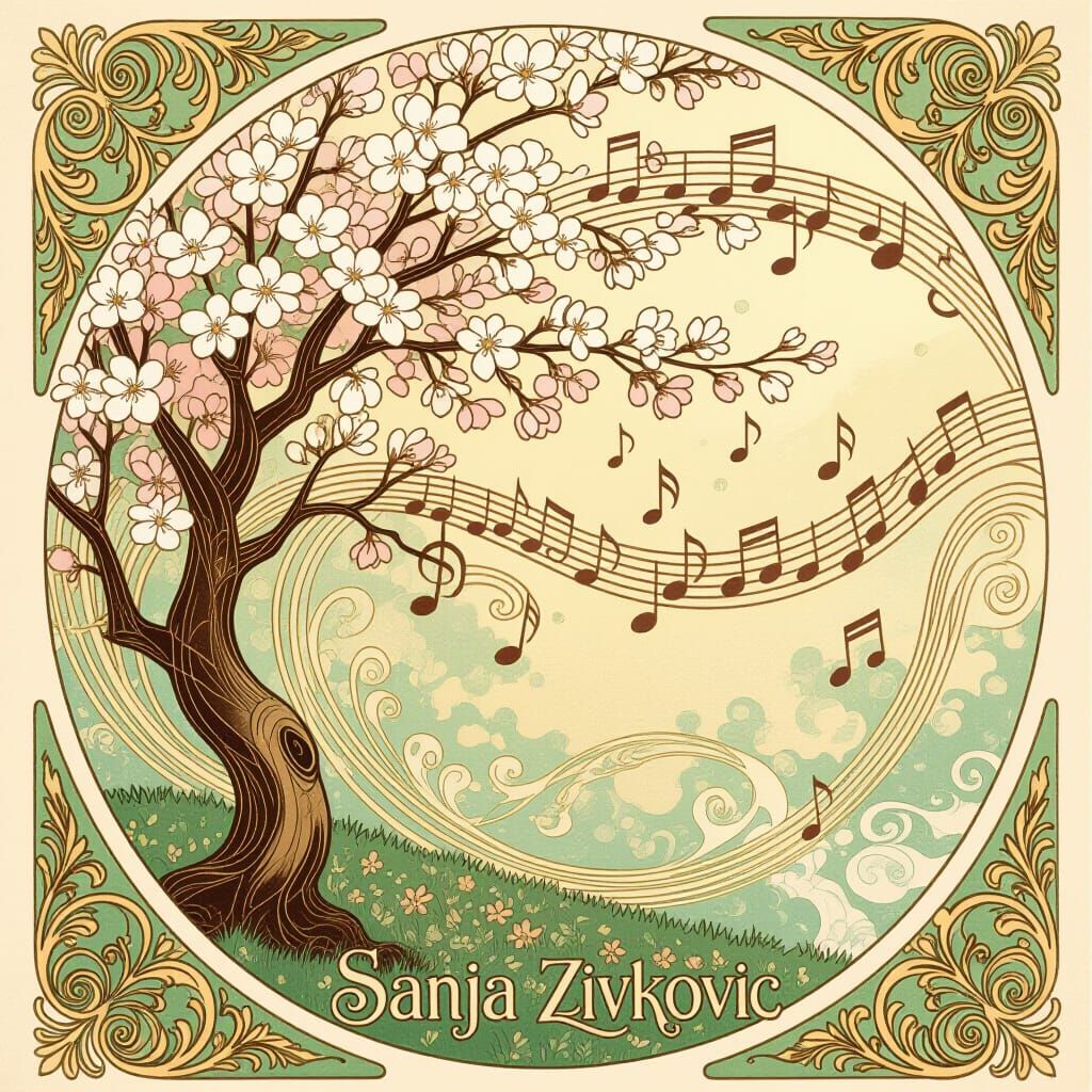Art Nouveau Blossoming Tree with Musical Notes