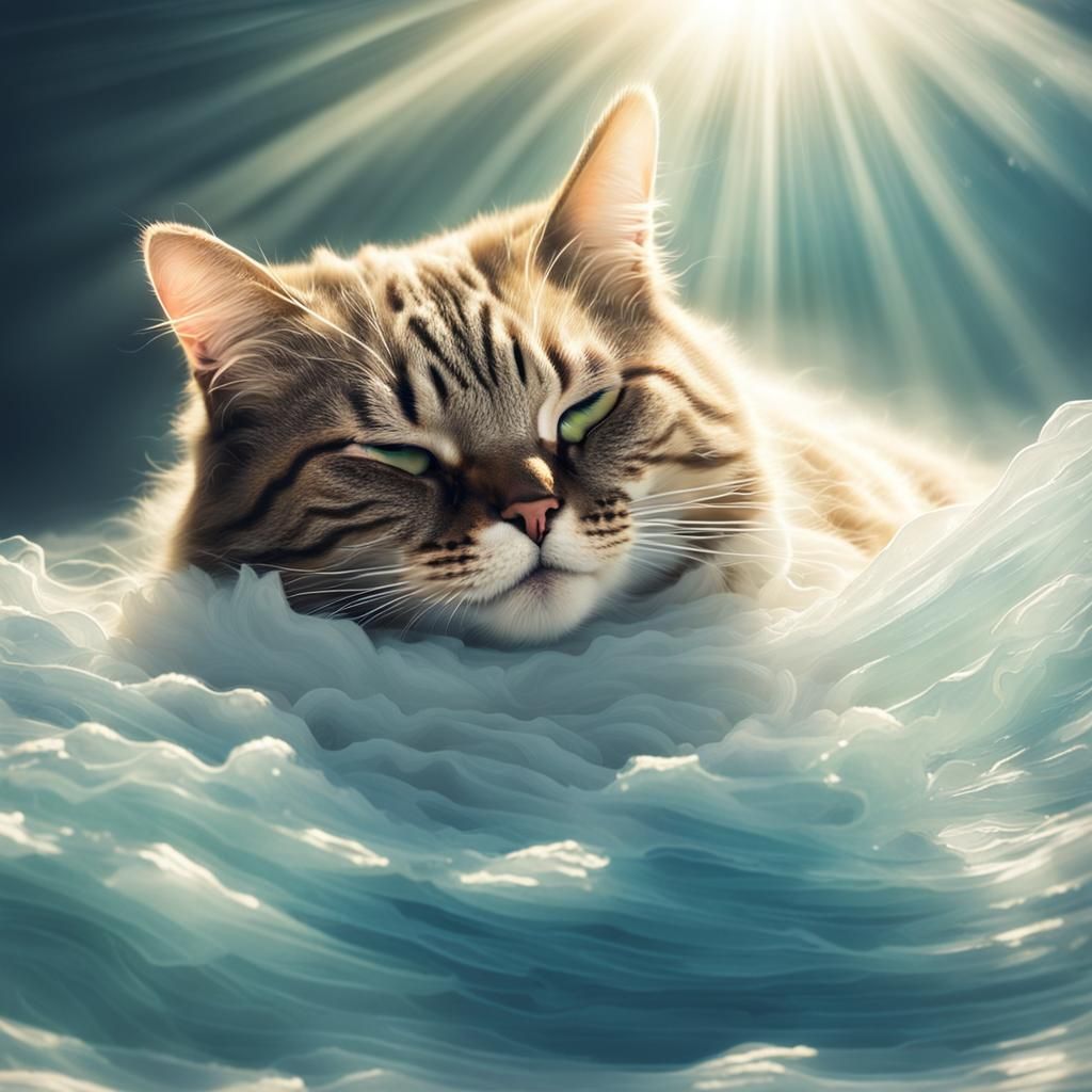 Cat Nap Under Ocean Wave in Dreamy Sunlight