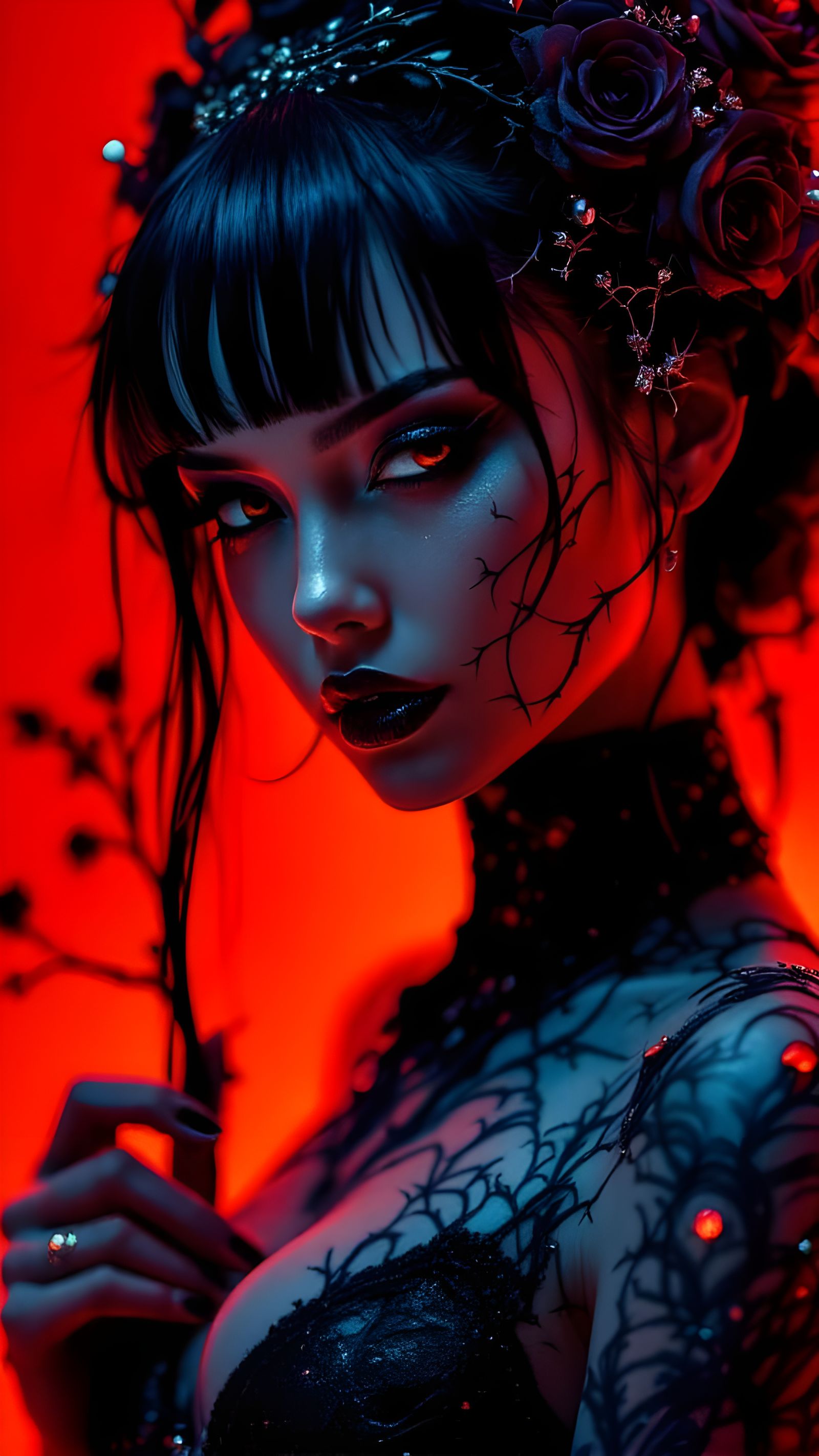 Dark Fantasy Geisha Warrior in Luminous Black Roses