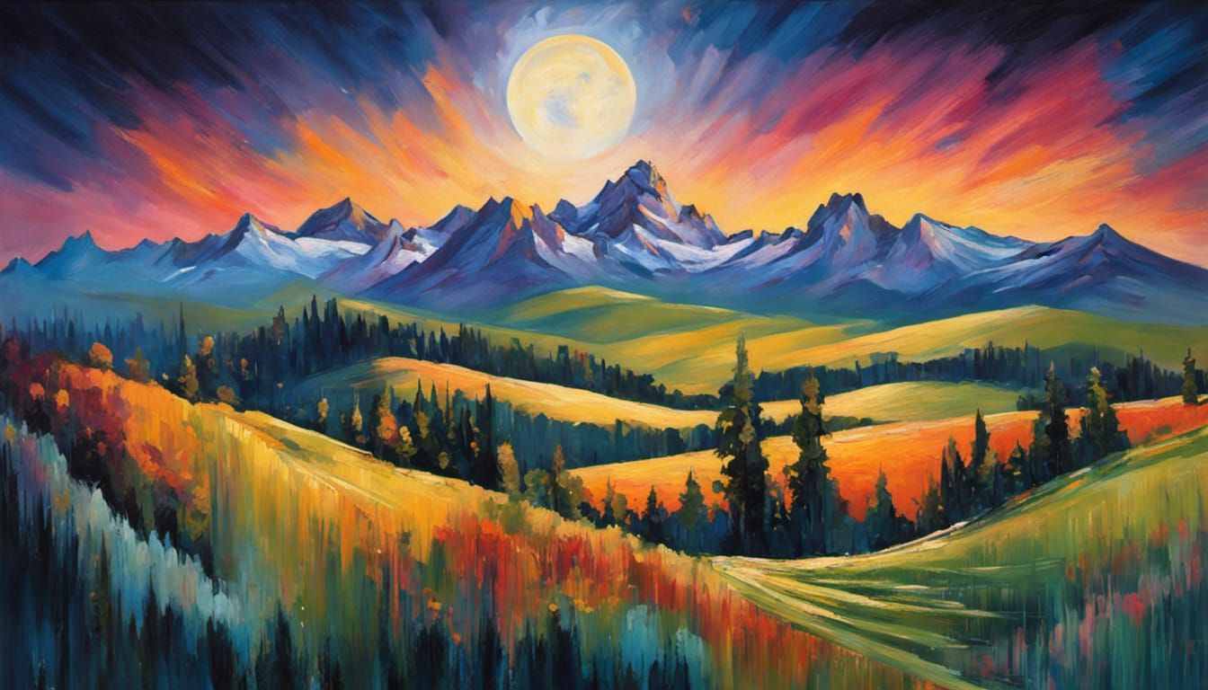 Neo-Impressionistic Mountain Landscape with Waterfalls