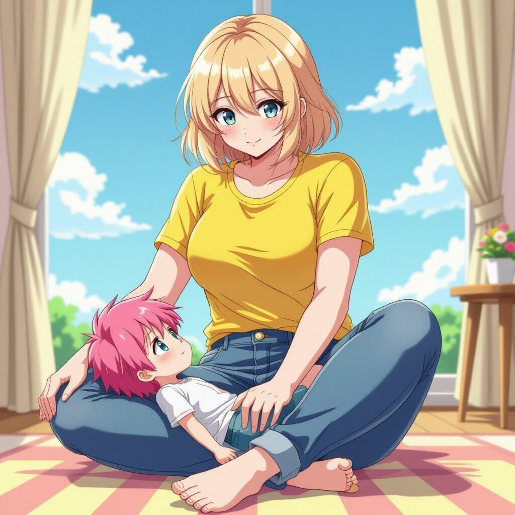 Giantess Face Sitting a Boy in Vibrant Anime Style