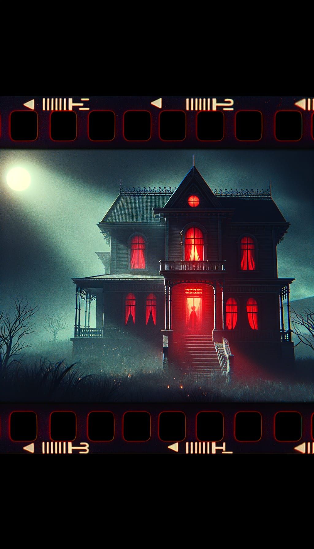 Eerie Horror Mansion with Red Light, Cinematic Still