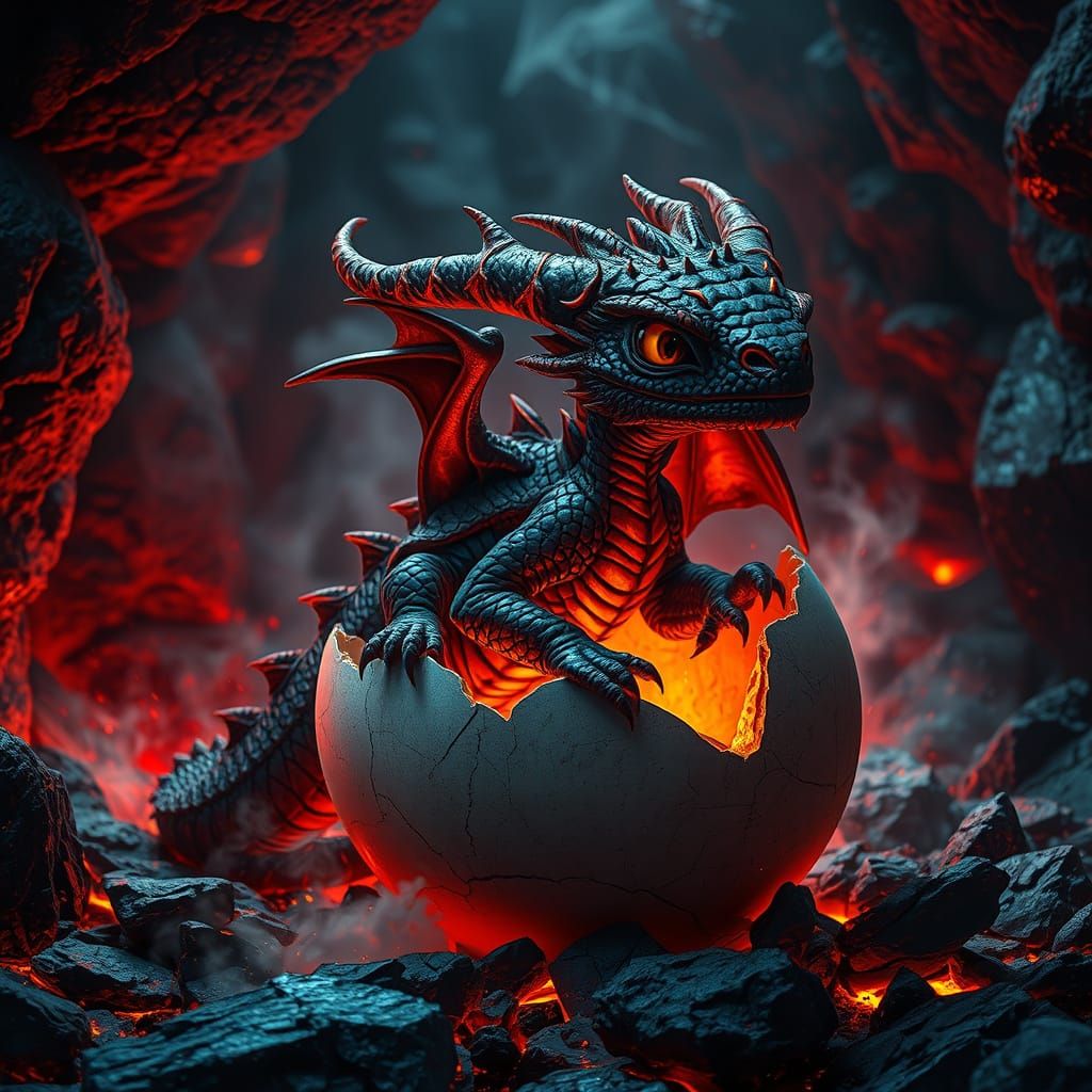 Ember Dragon Hatching in a Magma Cave