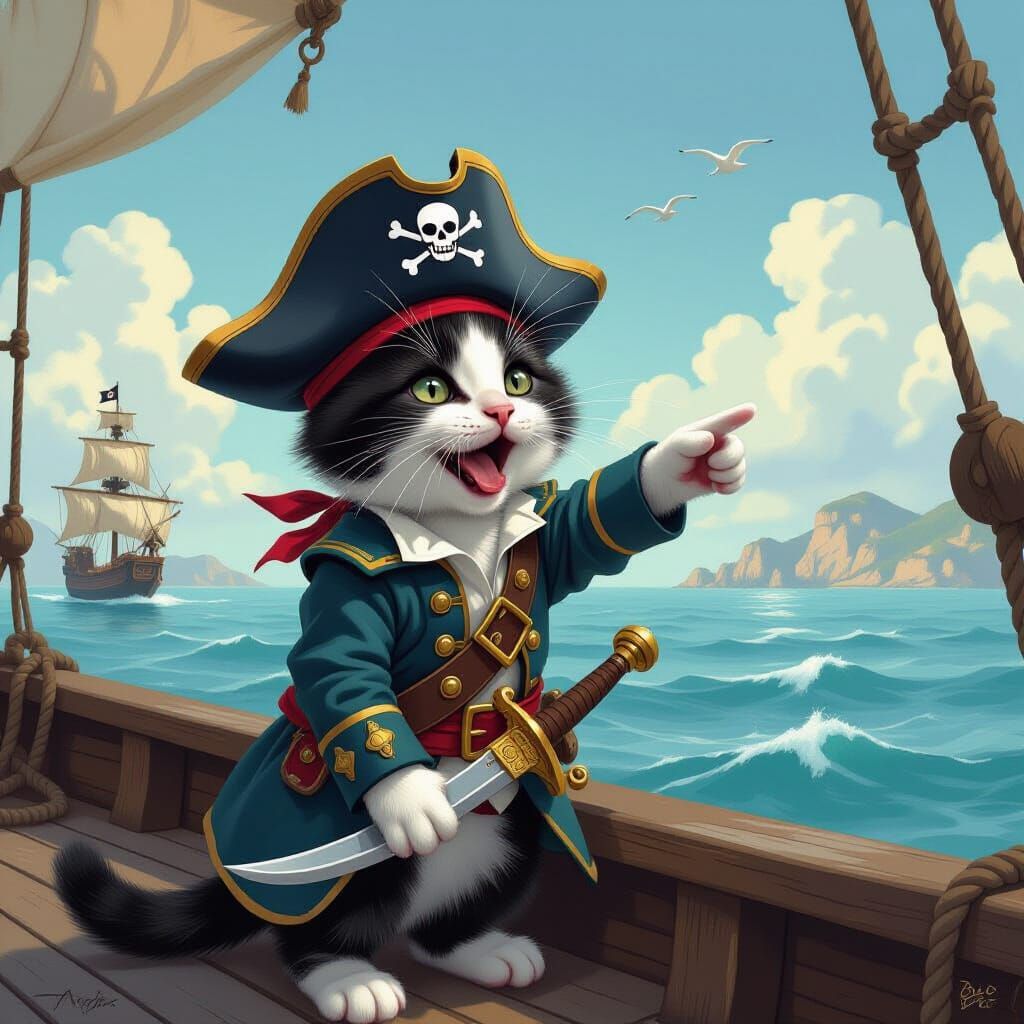 Pirate Kitten in Crow's Nest, Illustrated Style