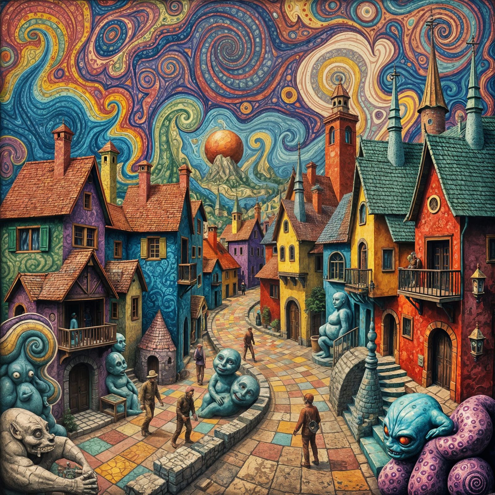 Psychedelic Village in Swirling Colors