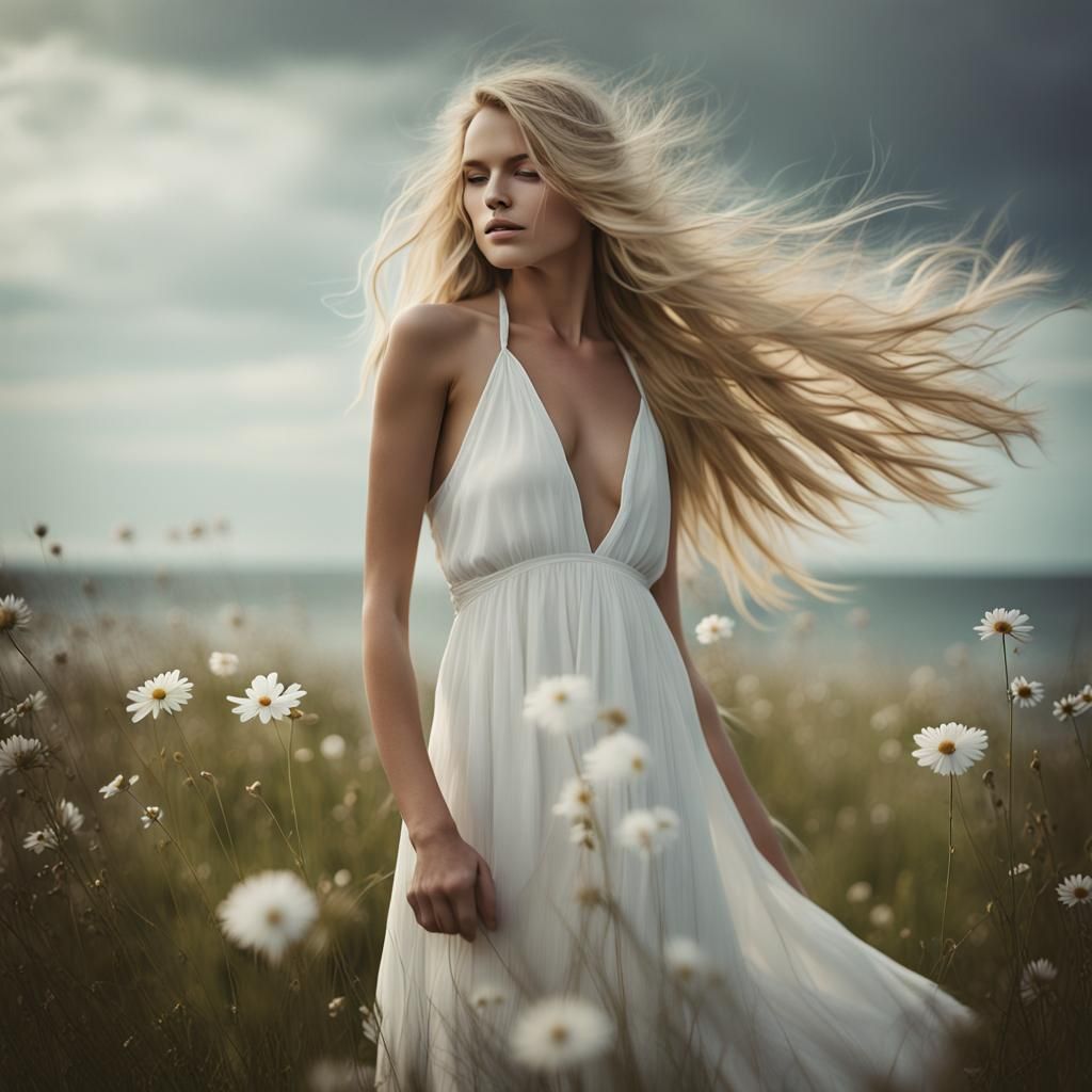 Surreal Blonde Woman in Flowered Meadow