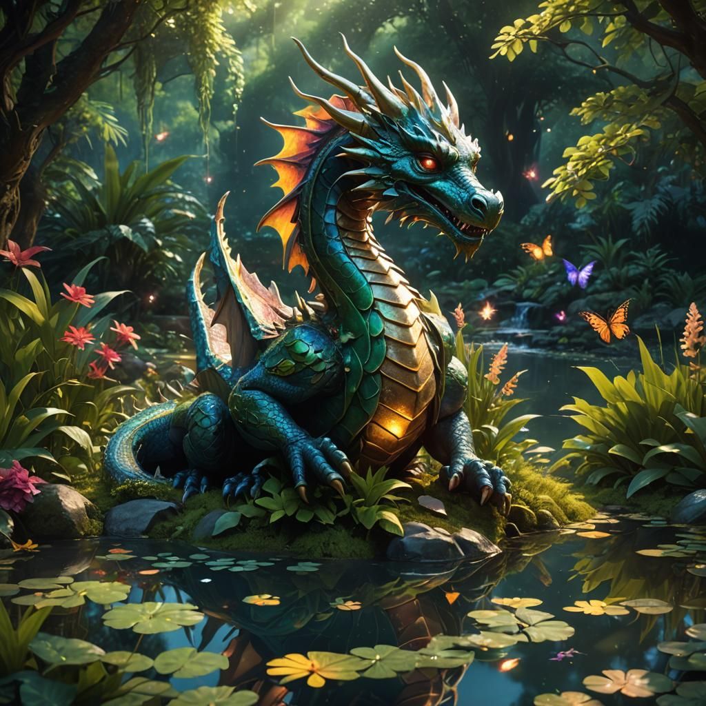 Mystical Dragon Statue Emerges From Enchanting Pond