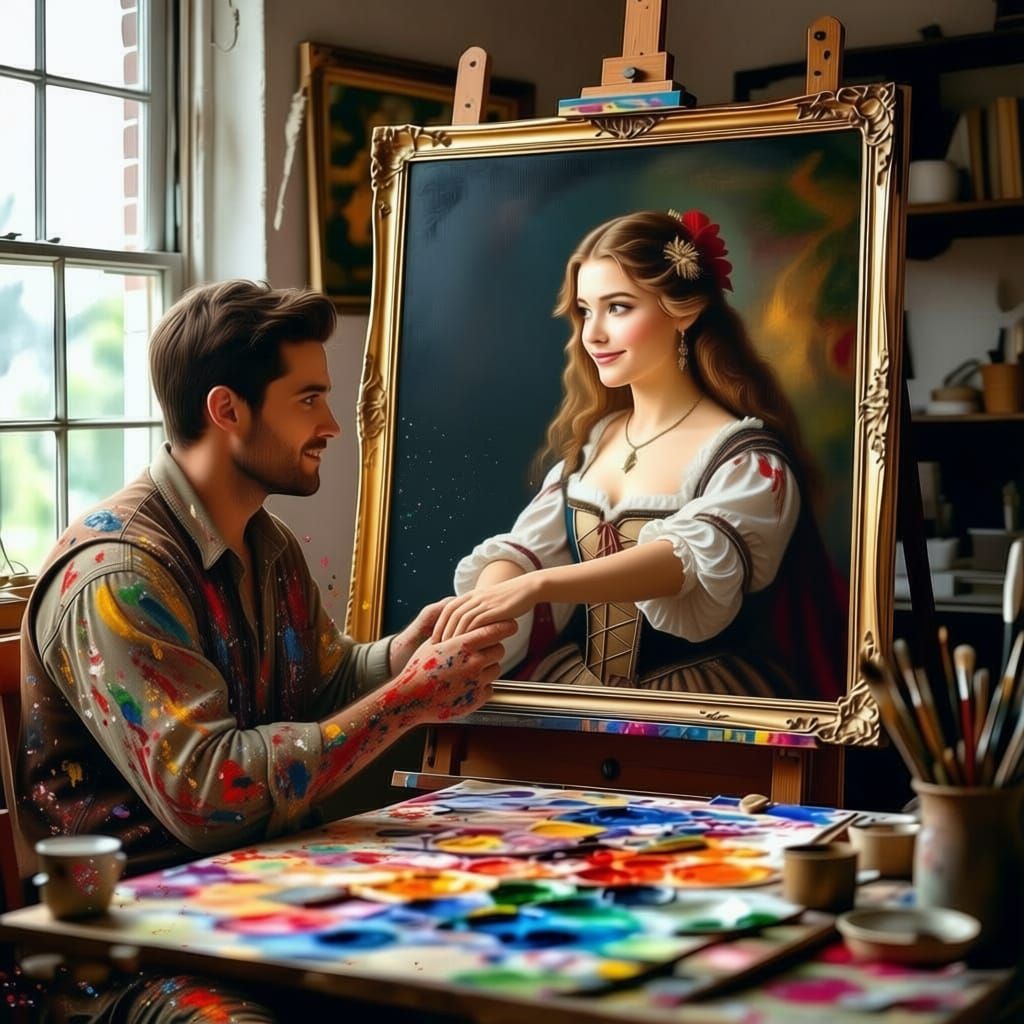 Old Master Paints Magic Woman Stealing Brush