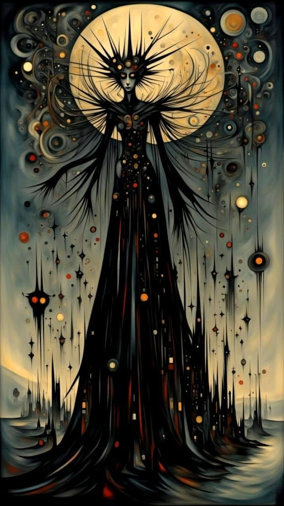 The Morrigan in Dark Inked Outline Style