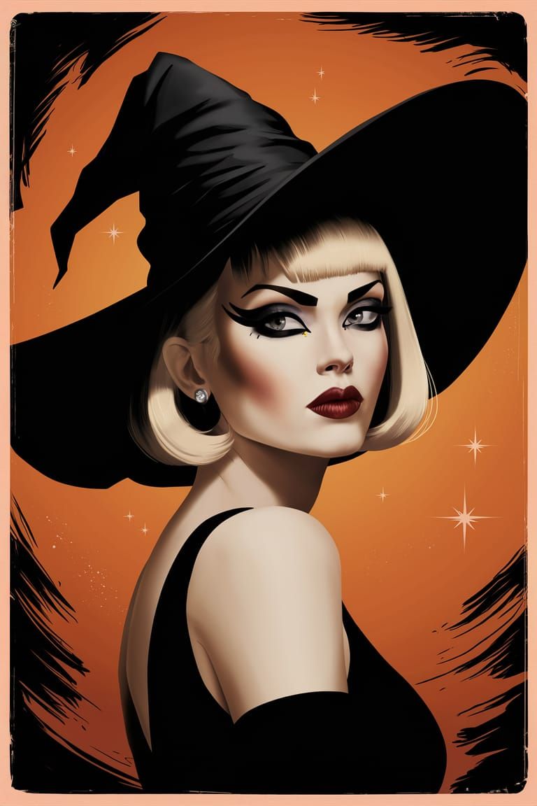 Glamorous Woman in Retro Portrait with Witch Hat