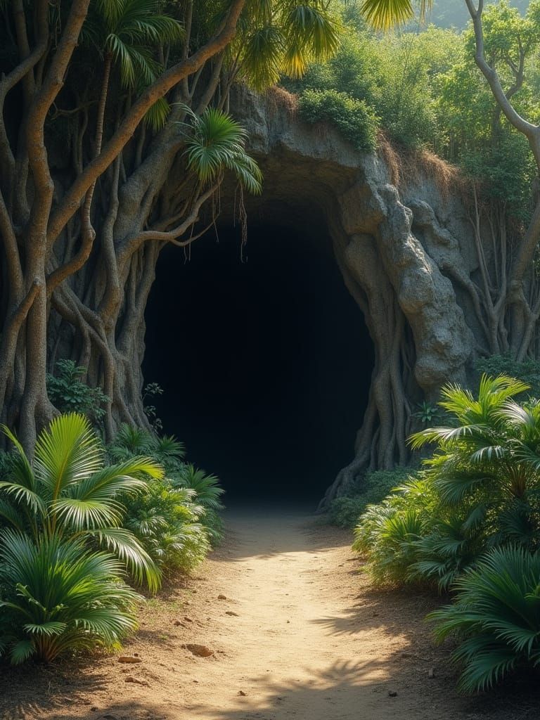 Mysterious Cave Entrance in a Tropical Landscape