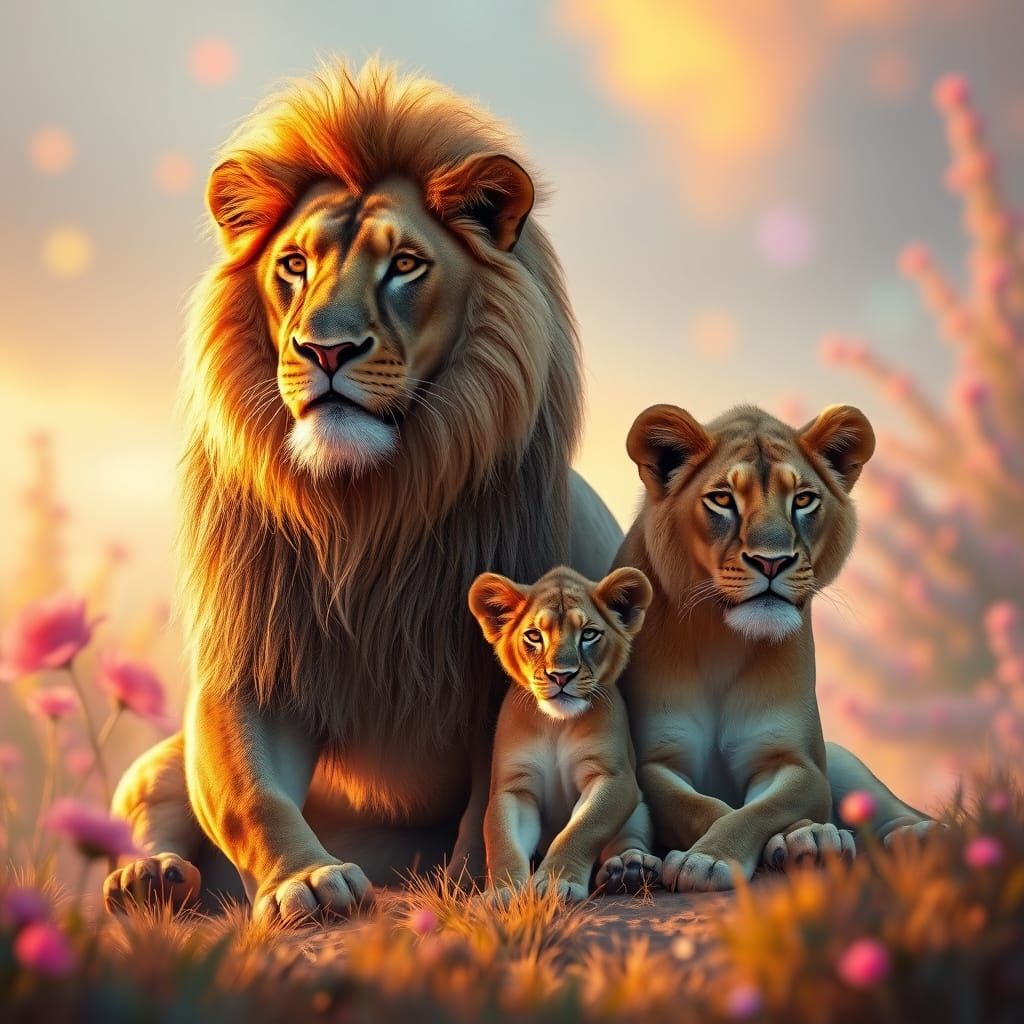 Majestic Lion Family in Dreamlike Realistic Style