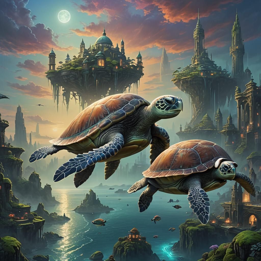 Floating City on Mythical Turtle at Dawn