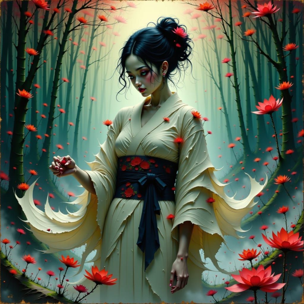 Ghostly Geisha Dances in Haunted Forest: Dark Fantasy Style