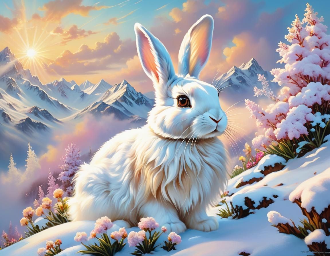 Surreal Rabbit in Snowy Pastel Sunset Landscape