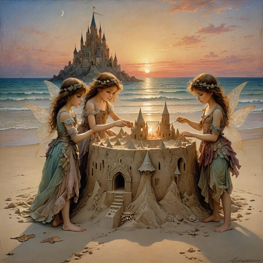 Whimsical Fairy Children Build Intricate Beach Sandcastle at...