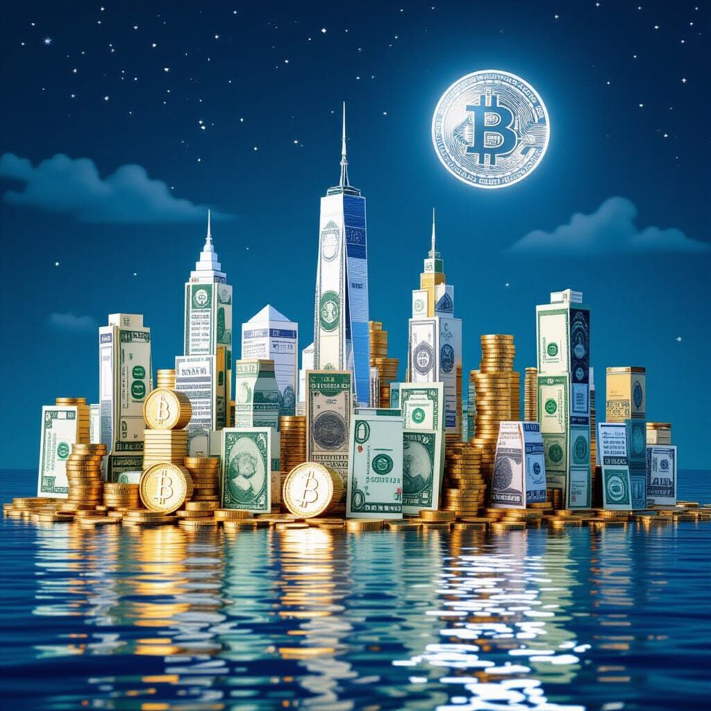 Origami Currency Cityscape by Waterfront