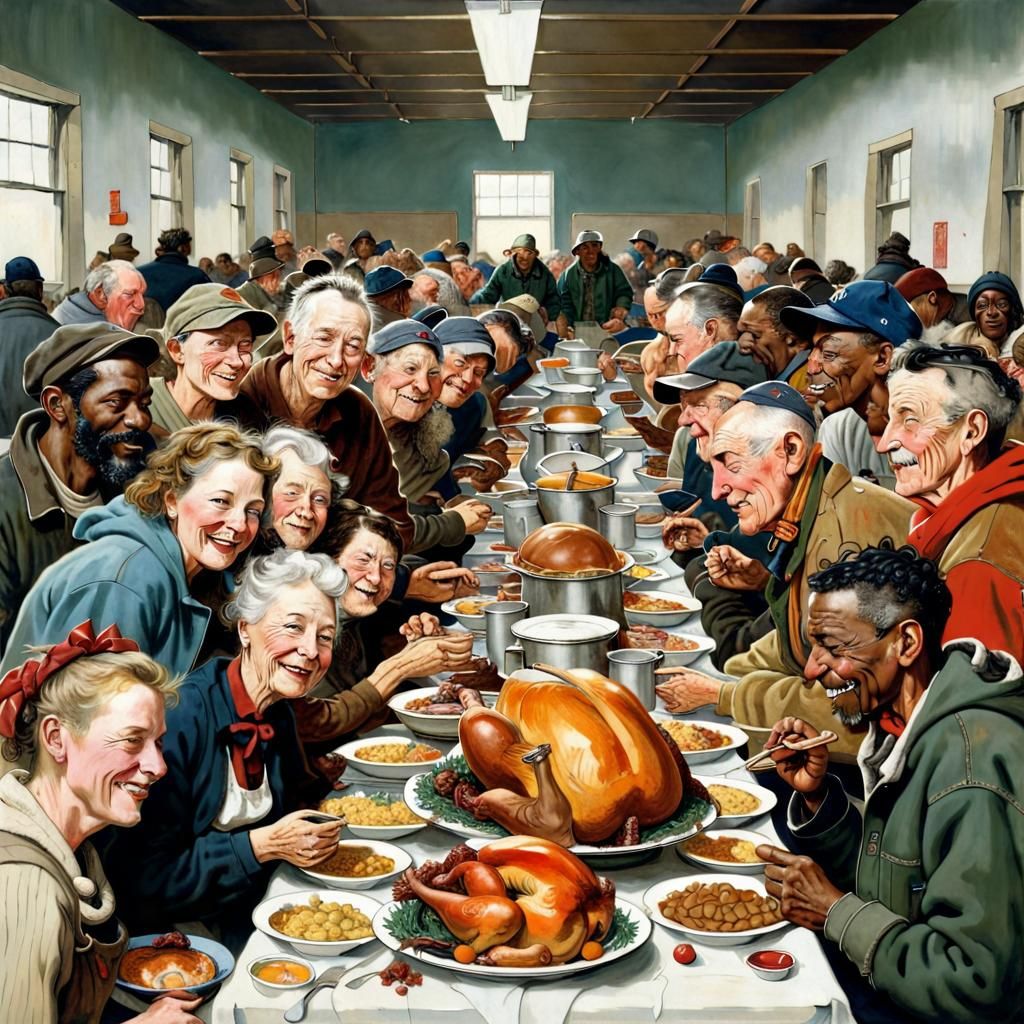 Thanksgiving Banquet in Homeless Shelter, Rockwell Style