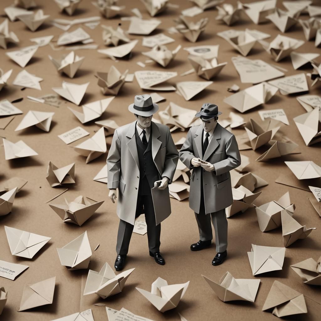 Detective Investigates Origami Papercraft: 1950s Movie Scene
