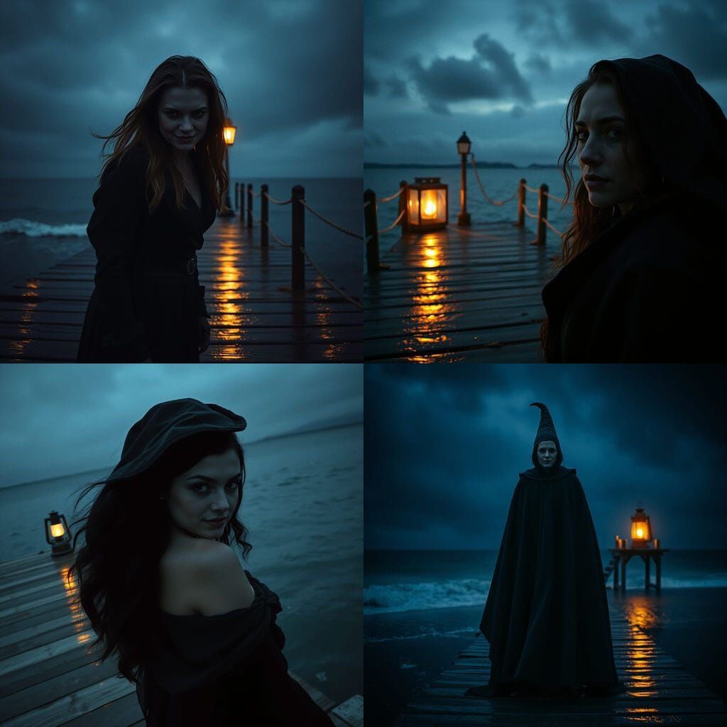 Sea Witch on a Dock in Film Noir Style