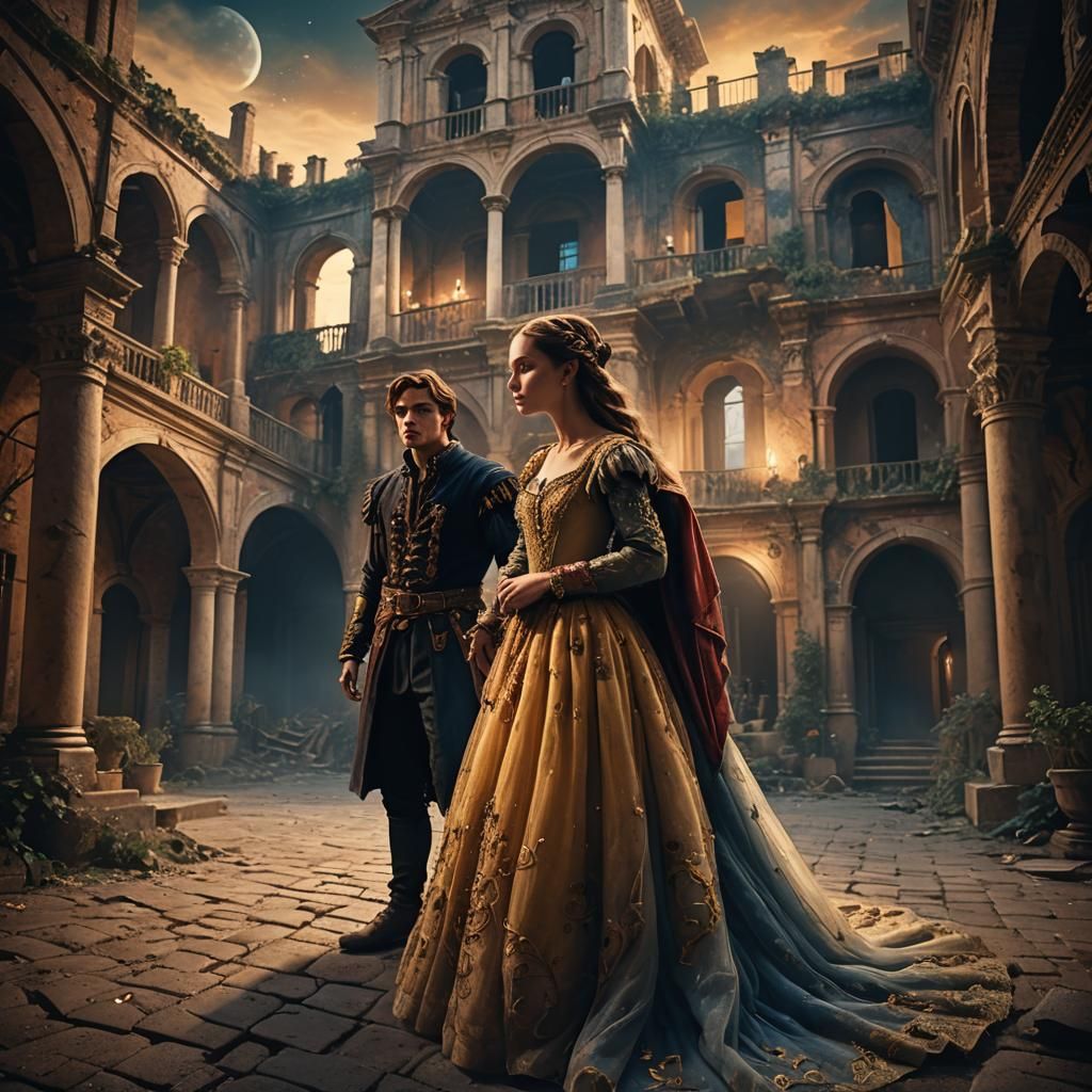 Romeo and Juliet in Moonlit Italian Courtyard