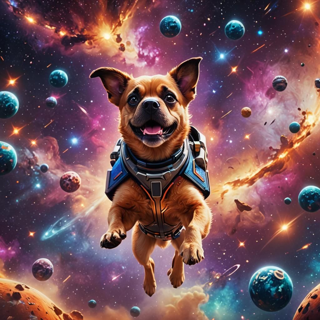 Dog in Galaxy Clothes in Space: 3D Digital Art