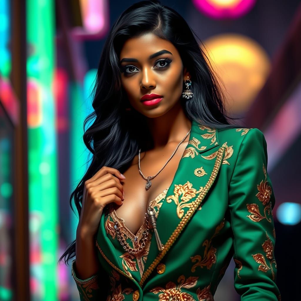 Emerald Elegance: Indian Woman in Neon Cityscape