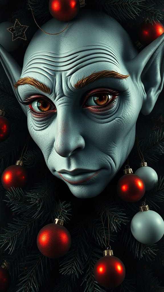 A surreal, dark fantasy digital artwork featuring an elf-like character's face...