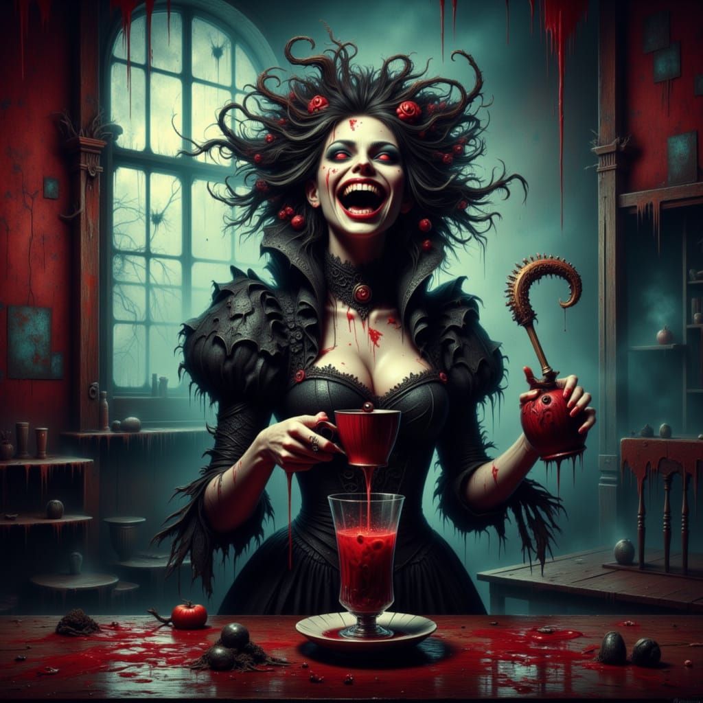 Crazed Vampire Woman's Red Coffee in Pop Art Style