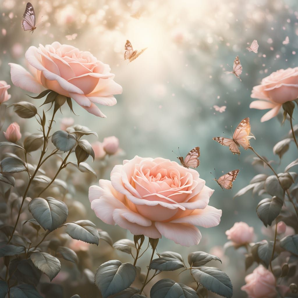 Soft Focus Digital Art of Delicate Pink Roses in Golden Sunl...