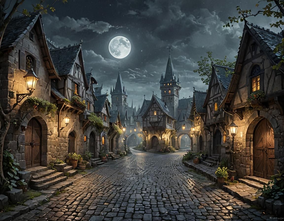 Fantasy Village Under Moonlight: Dark Concept Art