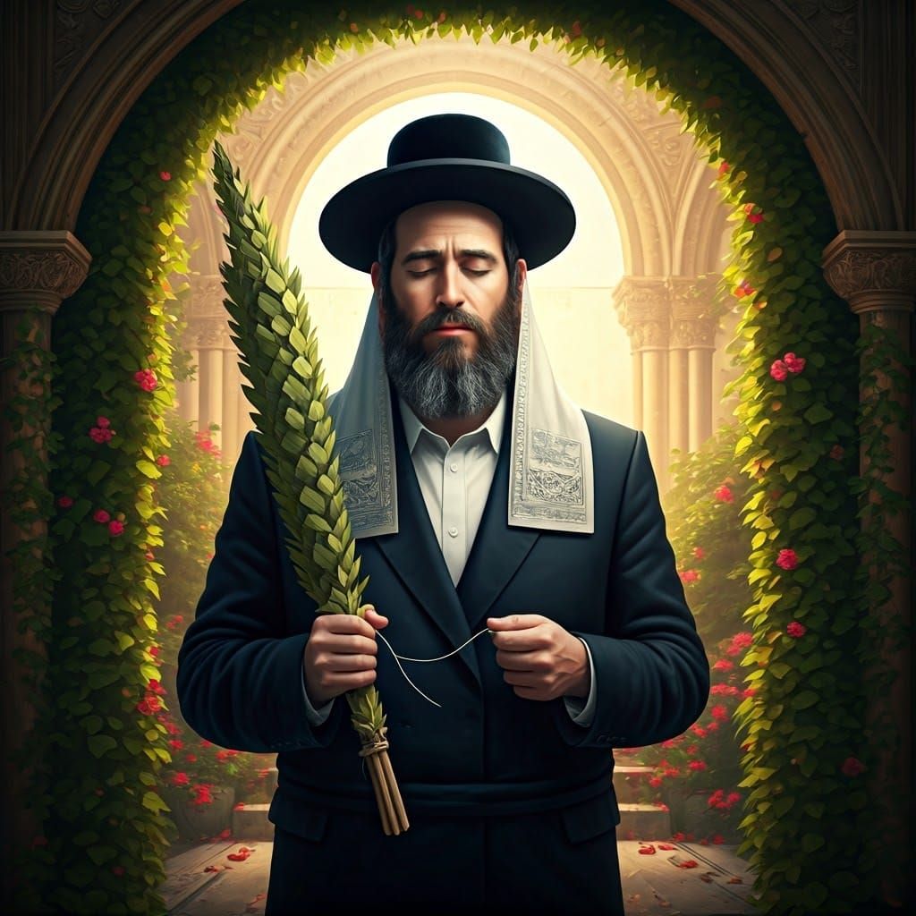 Ultra-Orthodox Man in Prayer with Lulav, Ethereal Light