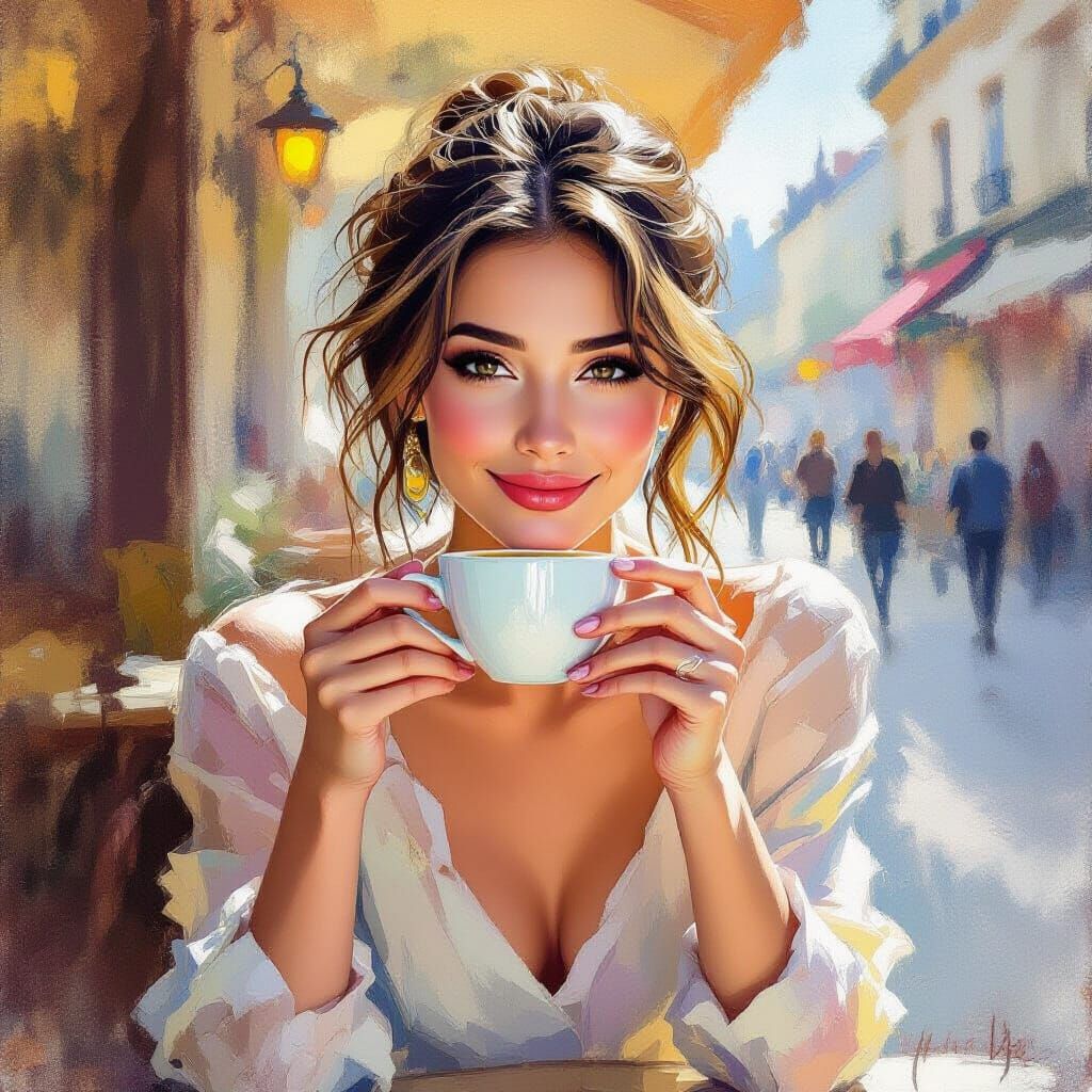 Beautiful Woman Enjoying Coffee in Impressionist Style