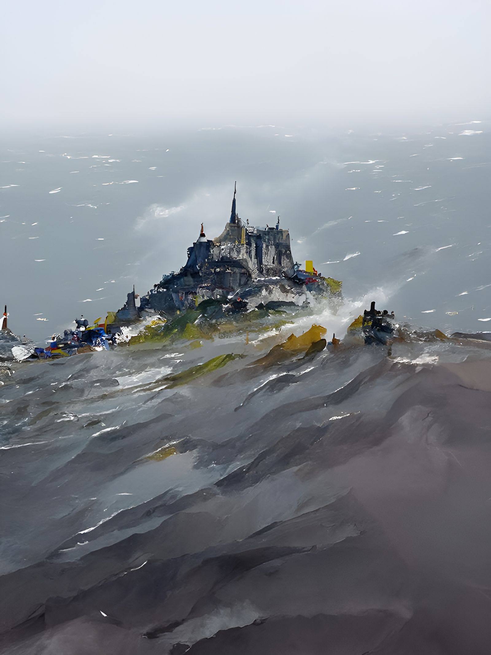 Mont Saint-Michel Gouache Painting on Rough Seas