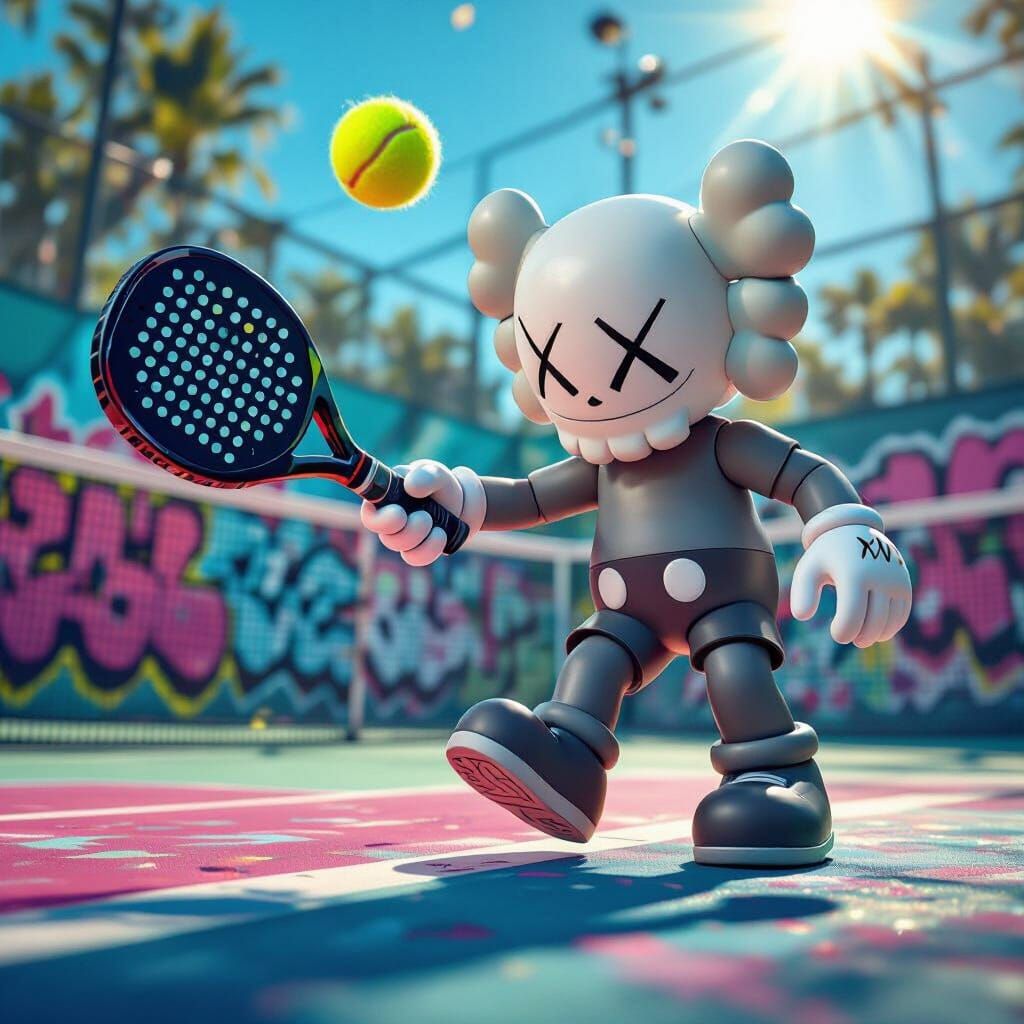 KAWS Toy Hits Padel Ball in Pop Art Court