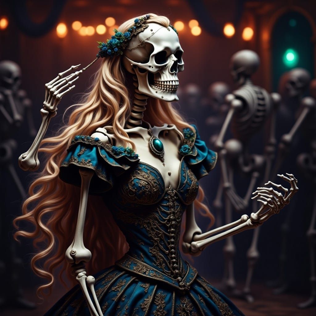 Glamorous Skeleton Dances the Night Away in a Vibrant Ballro...