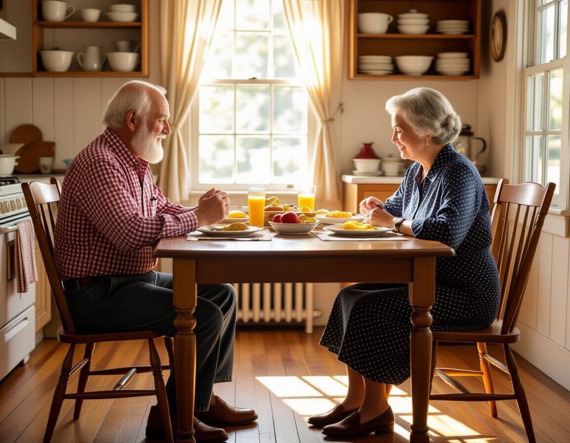 Elderly Couple Praying in 1950s Kitchen, Rockwell Style