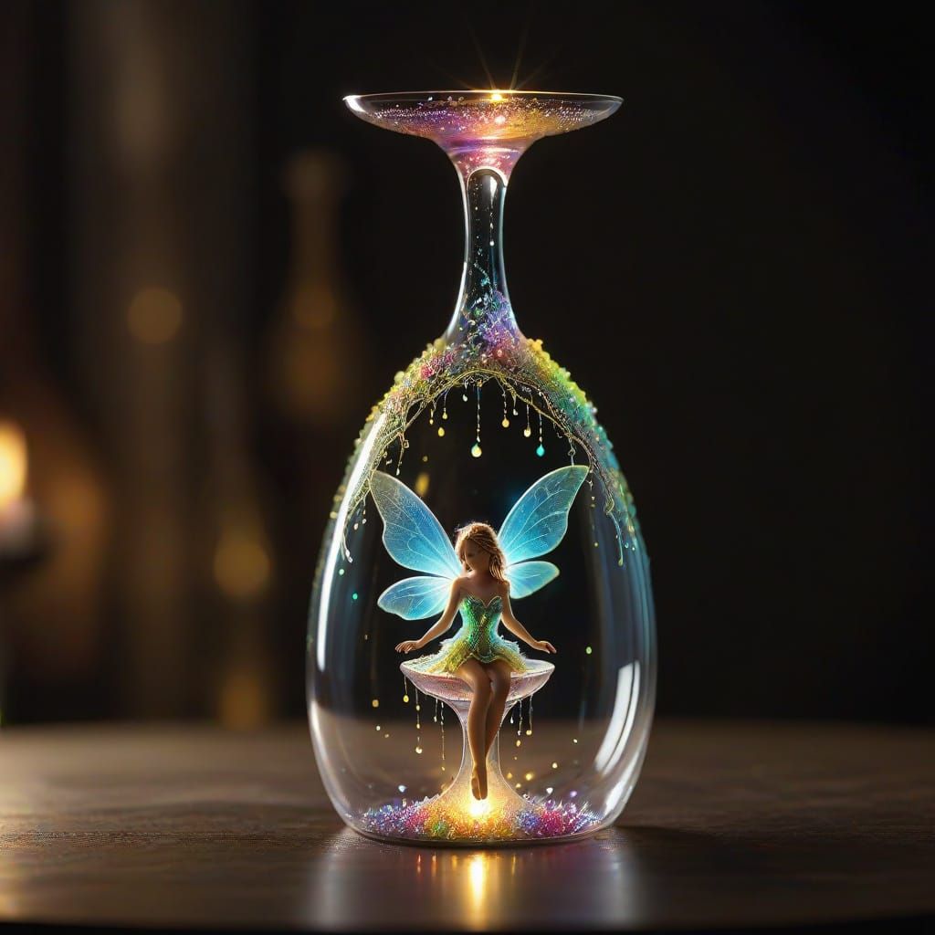 Ethereal Fairy Ensnared in Holographic Wine Glass