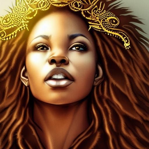 Lion Mane Woman in Golden Armor: Hyper-Realistic Art