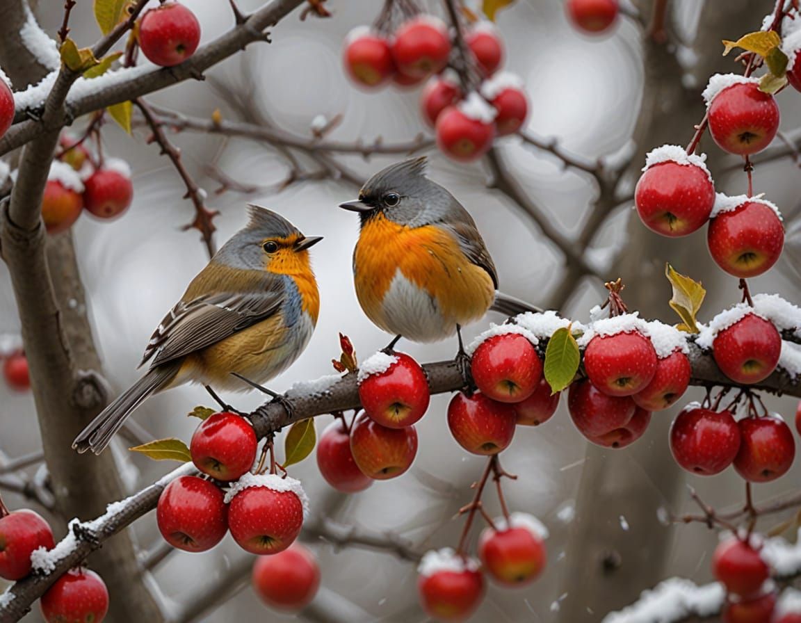 A Red Robin and Titmouse Perch on an Old Apple Tree Branch