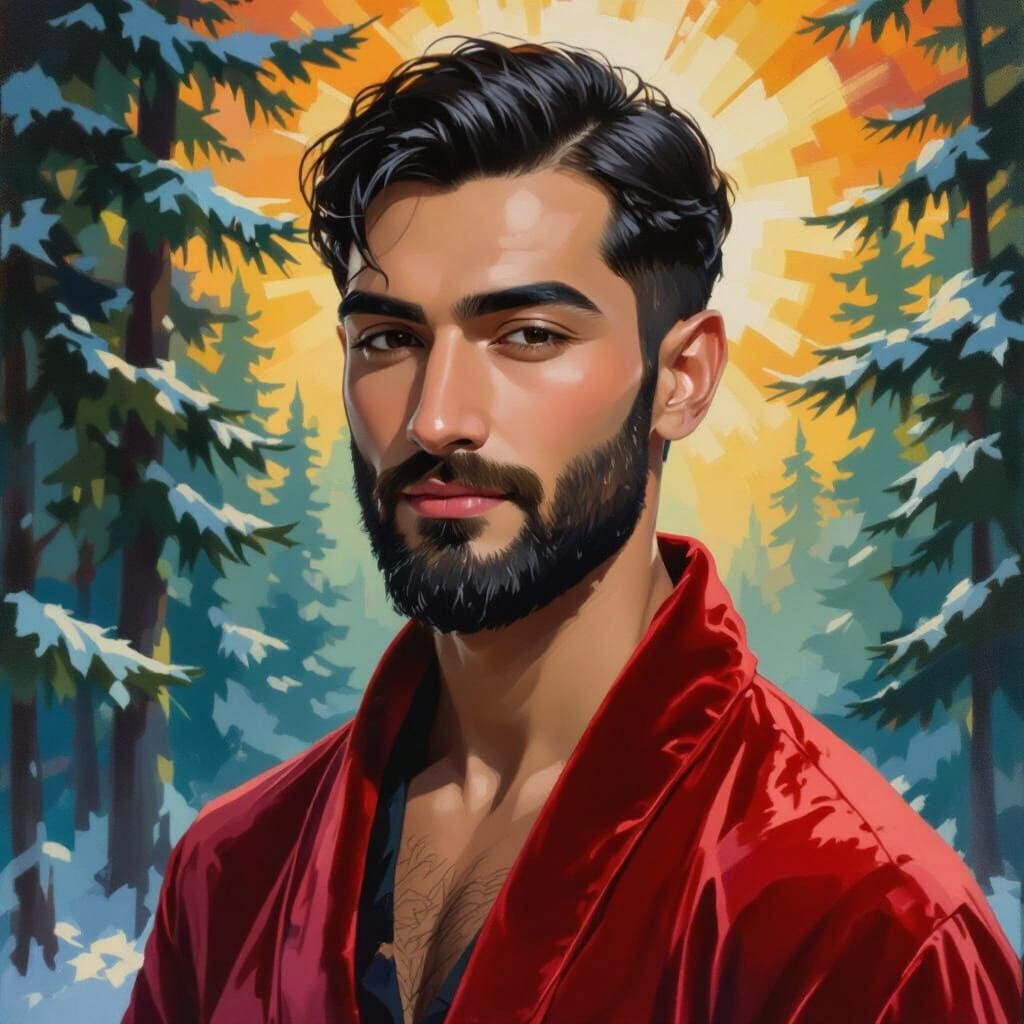 Proud Man in Red Velvet Robe as Impasto Oil Painting