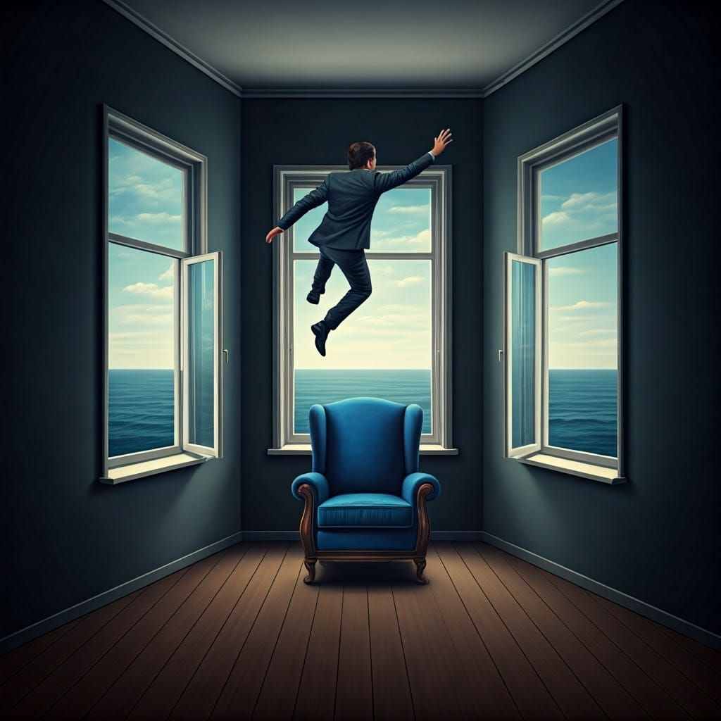 Man Falls From Sky in Surrealist Style