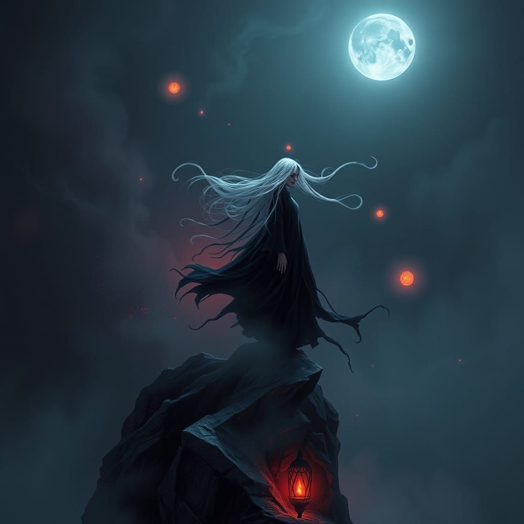 A mystical, banshee-like creature with long, flowing silver ...