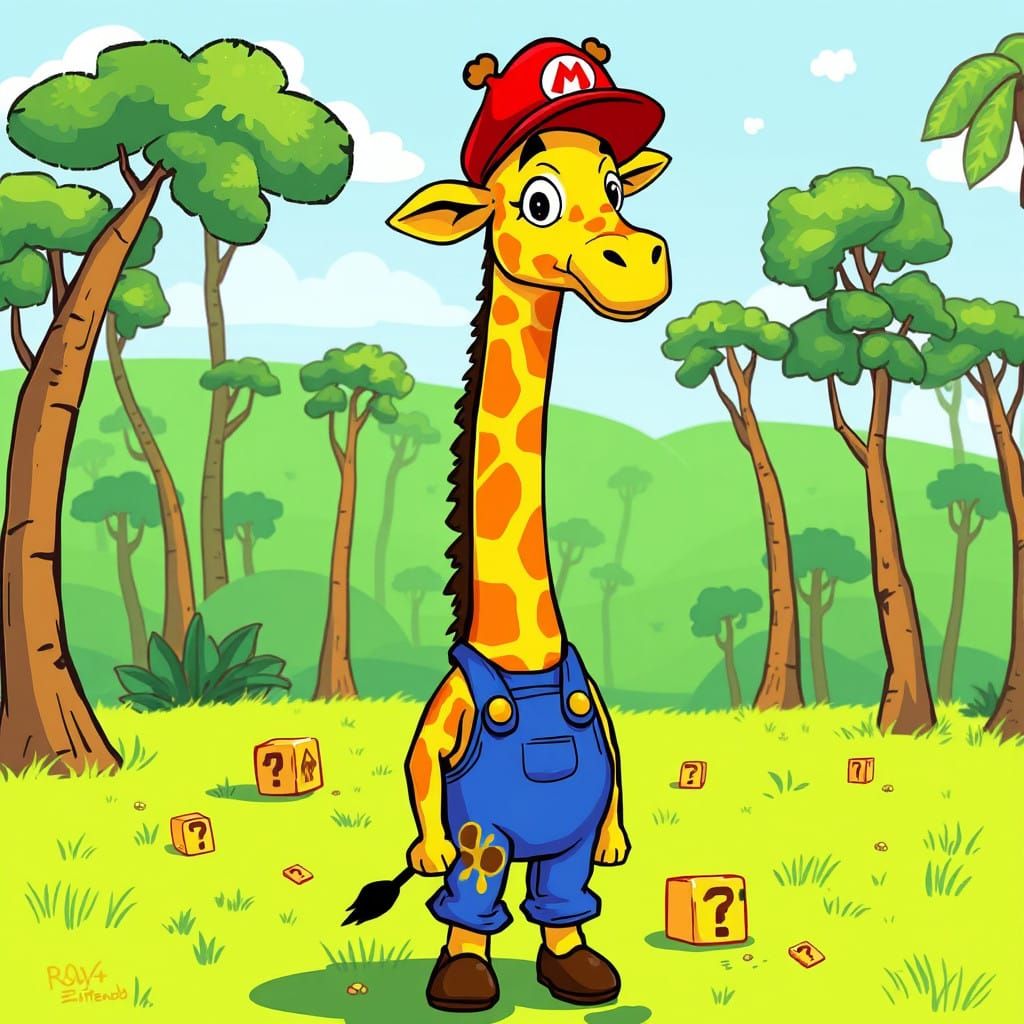 Giraffe Mario Character in Whimsical Savannah