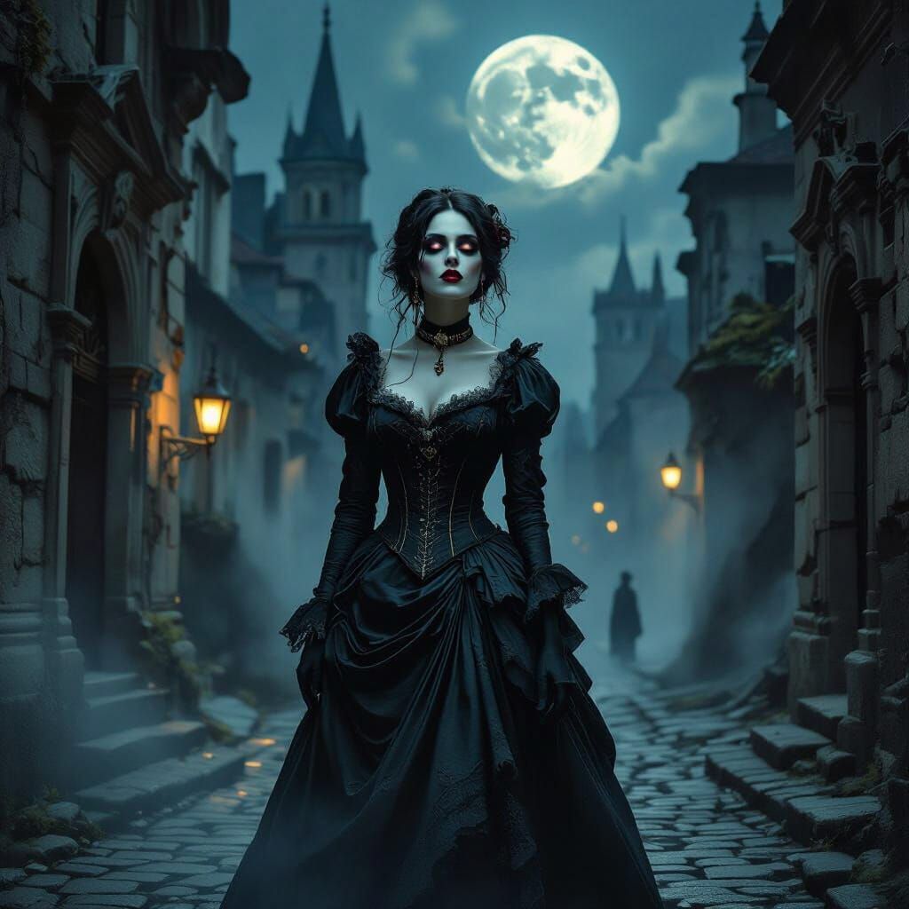 Eerie Moonlight Wanderer in Gothic City