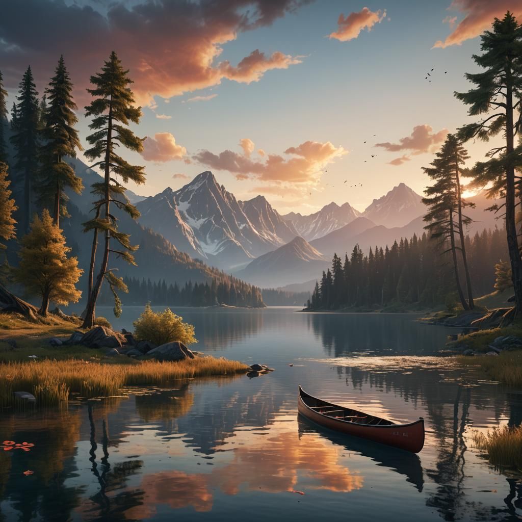 Canoe on Serene Lake at Sunset: Matte Painting